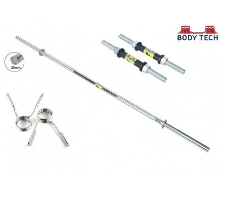 Body Tech Home Gym Combo of 4 Feet Straight Bar 25mm and 1 Pair 14" Steel Dumbbell Rod with Spring Locks 